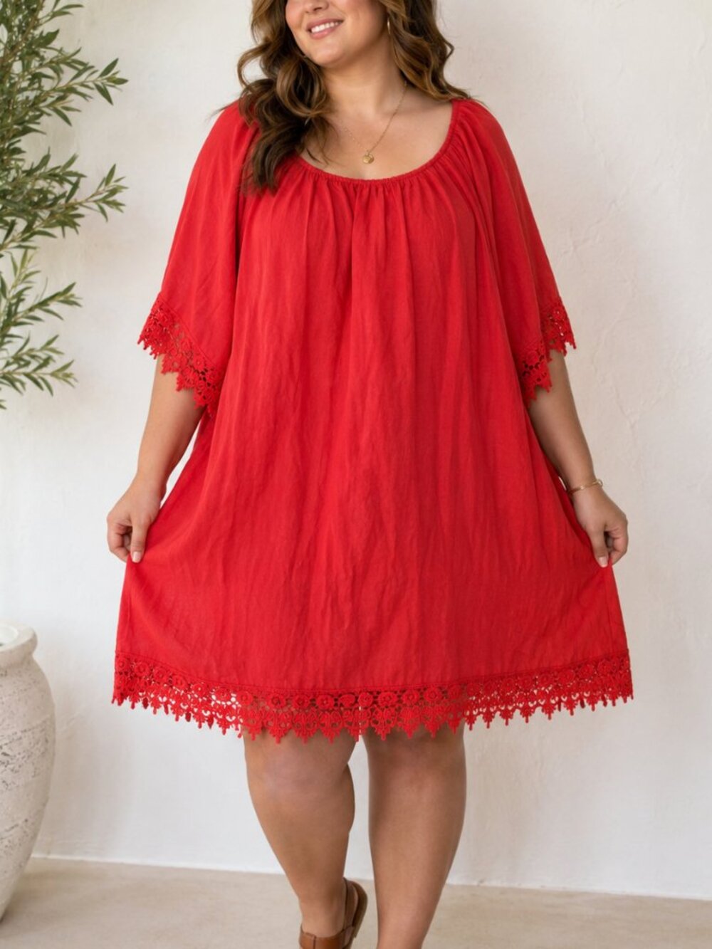 Lungo L'Arno 100% Linen Midi Dress Size 3X Red Made In Italy Flowy Lace Coastal